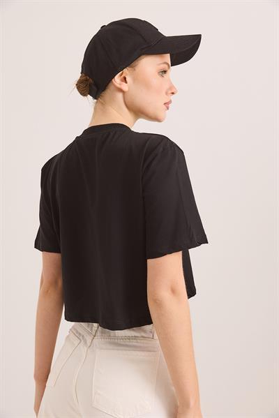 Baskılı Kısa Kol Pamuk Crop Tshirt Siyah