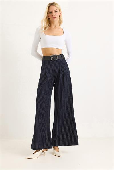 Keten Karışımlı Palazzo Pantolon Lacivert