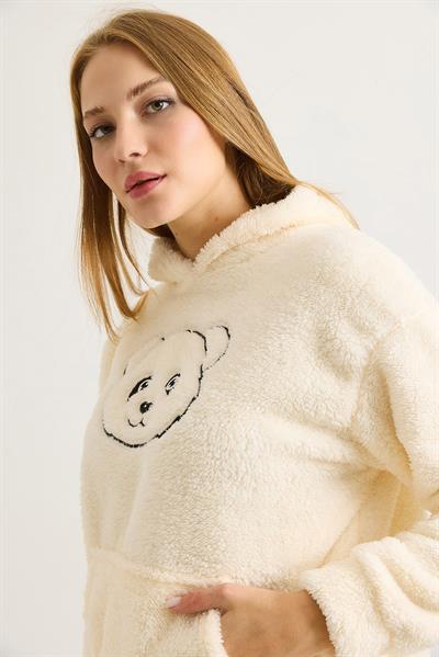Kadın Kapüşonlu Nakış İşlemeli Peluş Sweatshirt  Ekru