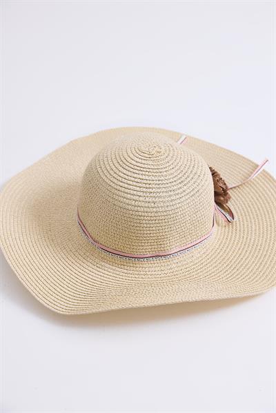 Aksesuarlı Hasır Kadın Plaj Havuz Bahçe Şapkası Bej