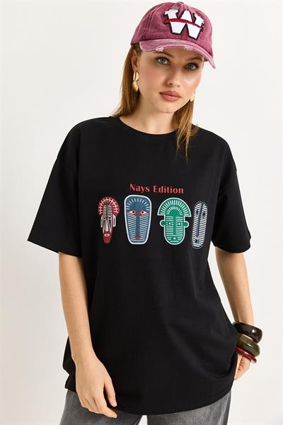 Baskılı Oversize Tshirt Siyah