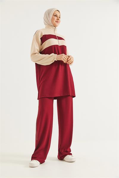 Yaka Fermuarlı Garnili Oysho Kumaş Takım Bordo