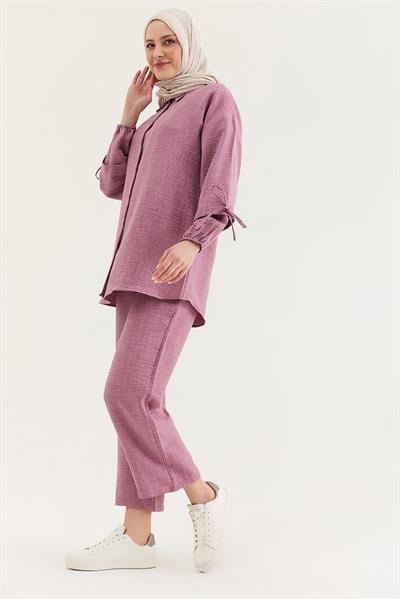 Kol Büzgülü Gömlek Pantolon İkili Takım Gül Kurusu