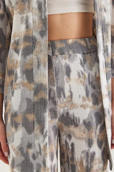 Kimono Pantolon Krinkıl Kadın İkili Takım Füme
