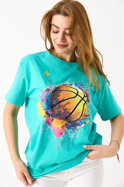 Kadın Basketbol Grafik Baskılı Günlük Tshirt  Yeşil