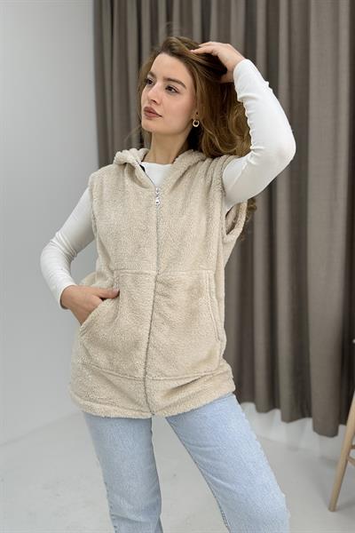 Kadın Kapüşonlu Kanguru Cepli Welsoft Sweat Bej