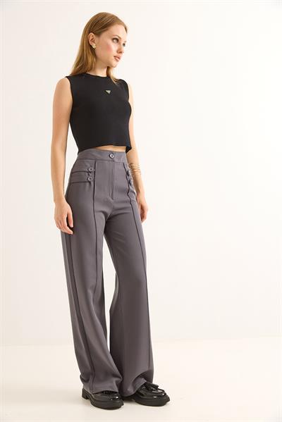 Düğme Detaylı Yüksel Bel Bol Paça Pantolon Füme