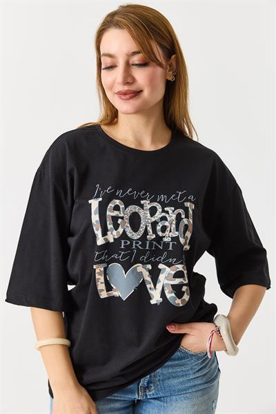 Kadın  Bisiklet Yaka Rahat Kesim Kısa Kol Tshirt Siyah