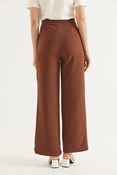 Yüksek Bel Cepli Palazzo Pantolon Kahverengi