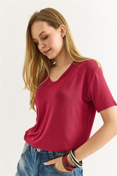 V Yaka Rahat Kalıp Bluz Vişne Çürüğü