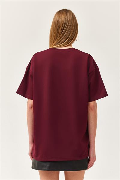 Bisiklet Yaka Oversize Tshirt Bordo