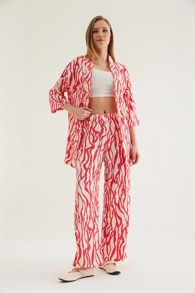 Kimono Pantolon Krinkıl Kadın İkili Takım Fuşya