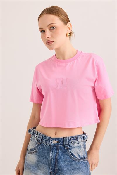 Nakışlı Örme Pamuk Crop Tshirt Pembe
