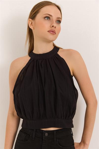 Halter Yakak Sırt Dekolteli Kuşaklı Dokuma Keten Bluz Siyah