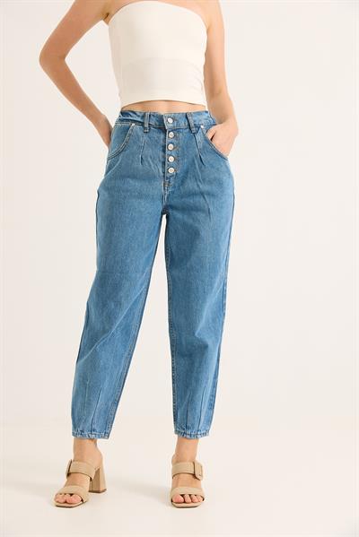 Yüksek Bel Düğmeli Wide Leg Jean Mavi