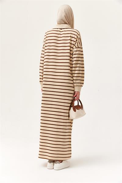 Yarım Fermuar Çizgili Uzun Elbise Kahverengi