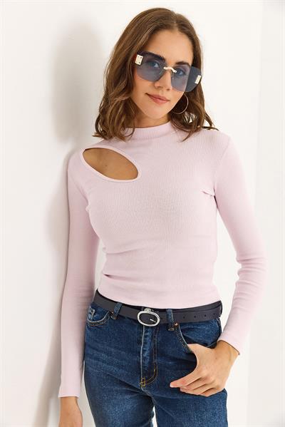 Kadın Fitilli Pencereli Balıkçı Yaka Bluz Pembe