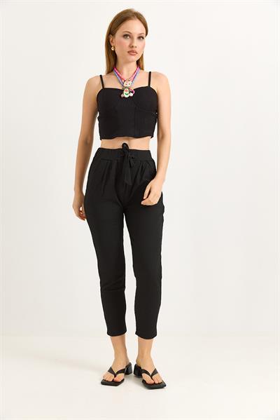 Bağlama Detaylı Bürümcük Örme Pantalon Siyah