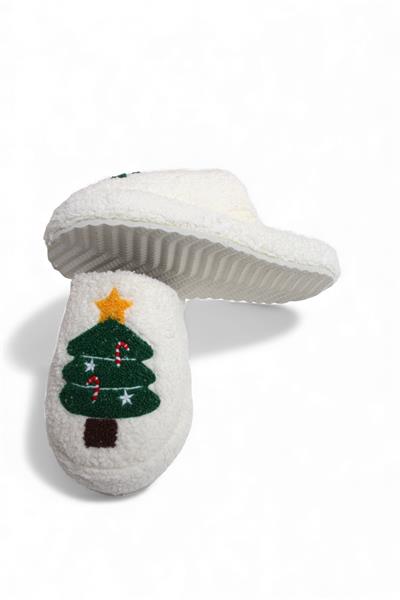 Kadın Yılbaşı Ağacı Figürlü Peluş Ekru Ev Terliği