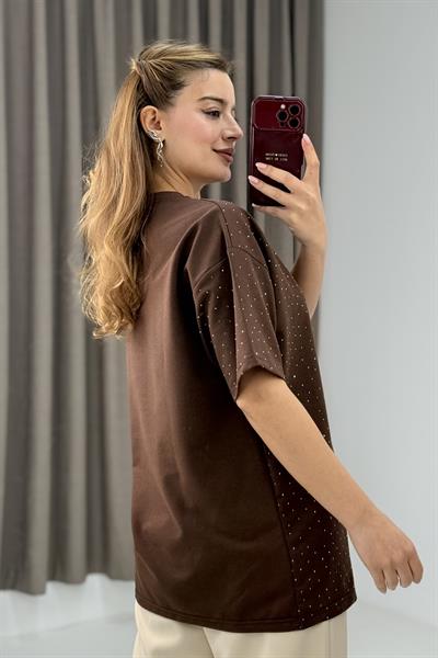Bisiklet Yaka Taşlı Yarım Kol T-shirt Kahverengi