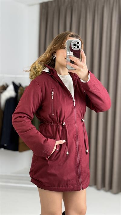 Kadın  Bordo Yarım Boy Gabardin Kumaş İçi Yün Mont
