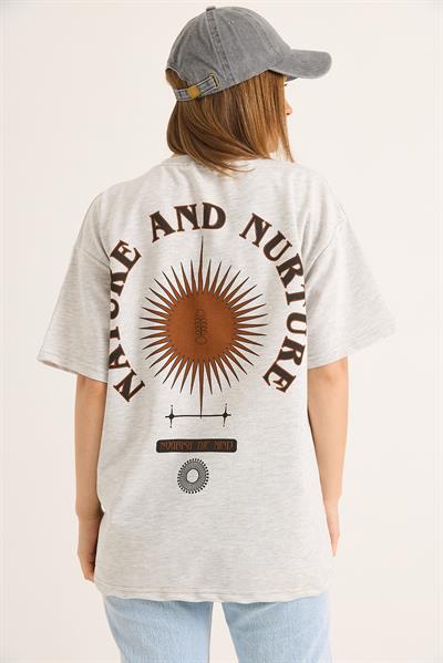 Bisiklet Yaka Kısa Kol Baskılı Tshirt Gri