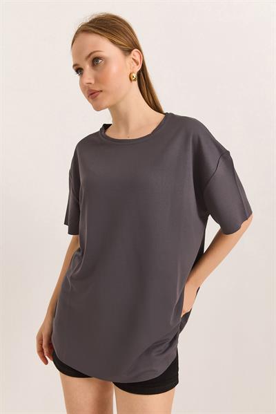 Oysh Yumuşak Dokulu Eteği Oval Modal Tshirt Füme