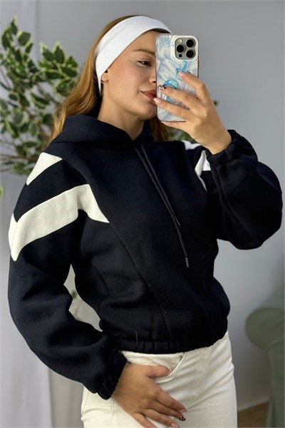 Kadın Beli Lastikli Şerit Detaylı Kapüşonlu Sweat Siyah