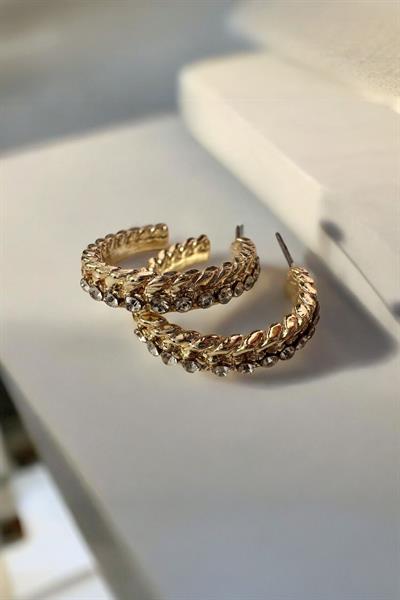 Burgulu Taşlı Altın Kaplama Halka Küpe Gold
