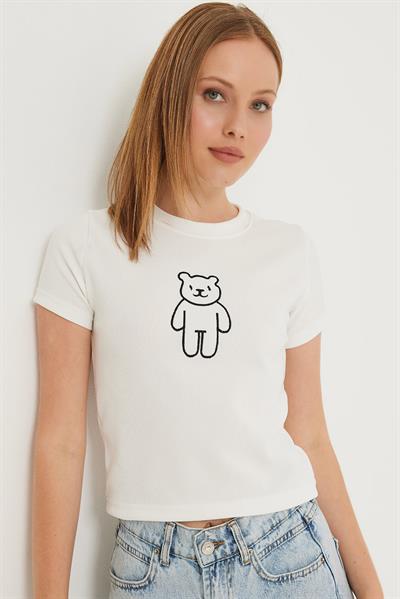 Ayıcık Nakışlı Kaşkorse Bluz Beyaz