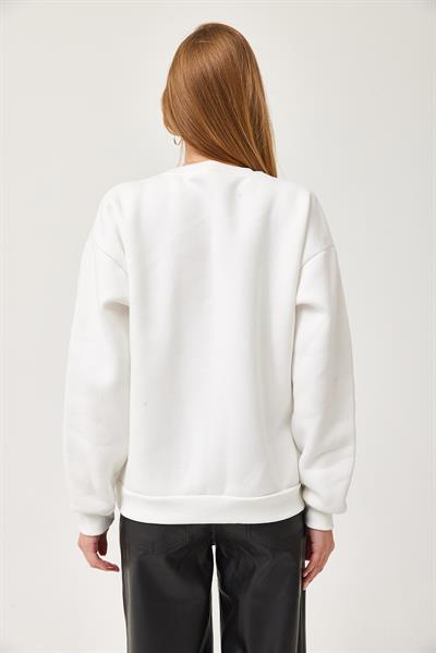 Leopar Baskılı Üç İplik Şardonlu Sweatshirt Beyaz