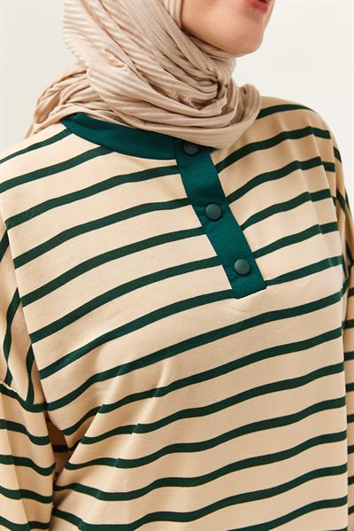 Yakası Düğmeli Çizgili İkili Takım Yeşil