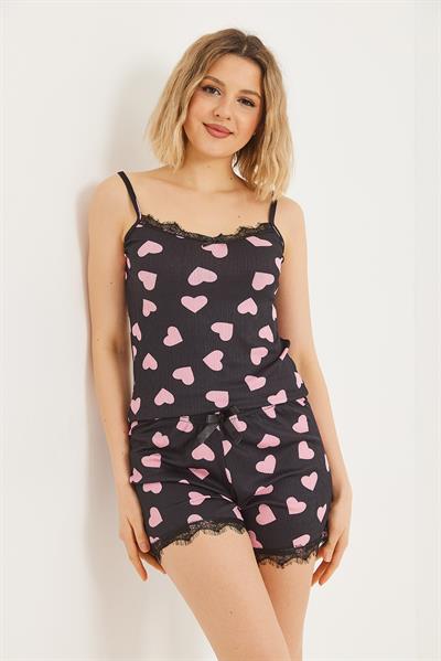 Dantel Detaylı Şortlu Pijama Takımı Siyah
