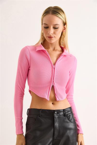 Kadın Polo Yaka Fermuarlı  Fitilli Kaşkorse Crop Pembe