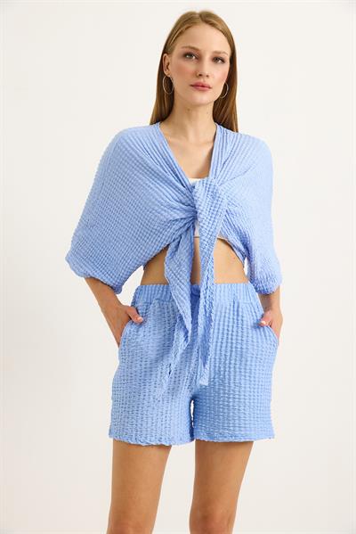 Gofre Kumaş Bel Lastikli Kadın Şort Mavi