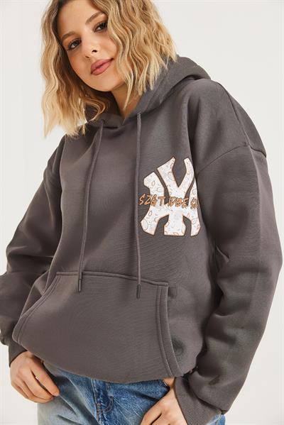 Üç İplik Baskılı Kapüşonlu Sweatshirt Füme