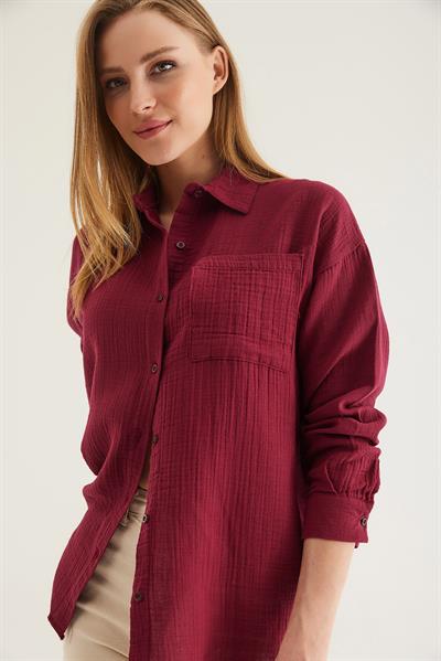 Uzun Kollu Oversize Gömlek Bordo