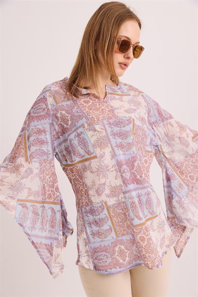 Desenli Yarasa Kol V Yaka Salaş Şifon Bluz Lila