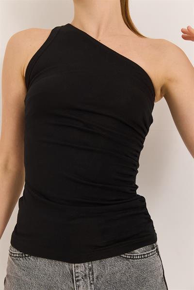 Tek Omuz Esnek Kumaş Bluz Siyah