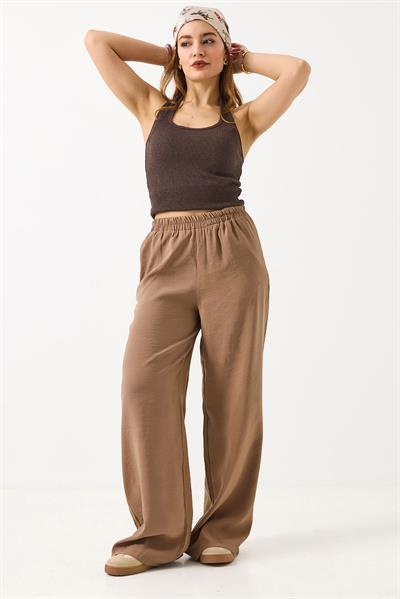 Kadın Bol Kesim Tensel Kumaş Beli Lastikli Kahverengi