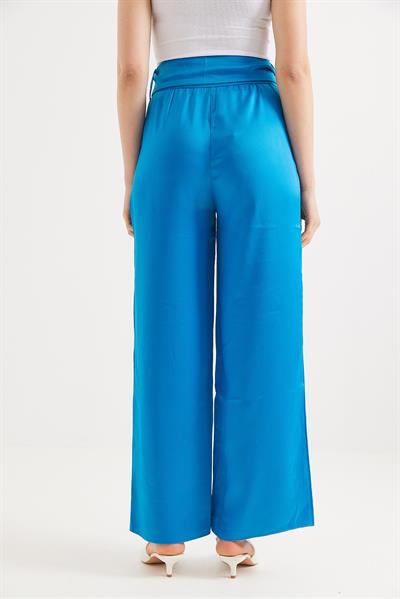 Kemerli Yüksek Bel İspanyol Paça Pantolon Mavi