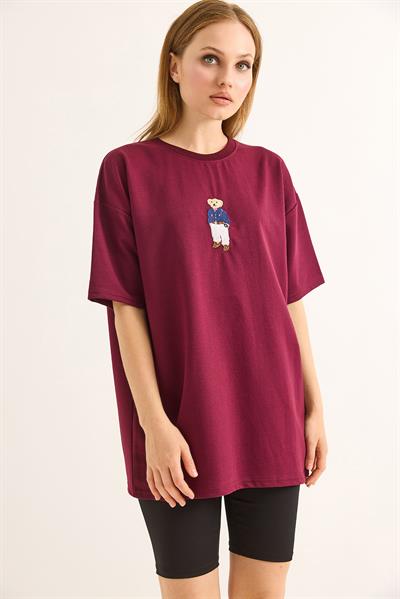 Rahat Kalıp Baskılı Kadın Tshirt Bordo
