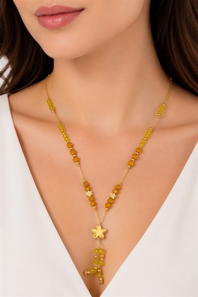 Figürlü Gold Boncuklu Kolye Fuşya 