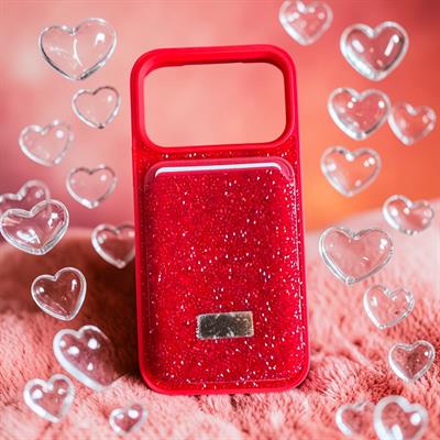 İphone 17 ProUyumlu Parlak ve Taşlı Kart Bölümlü Kılıf  Kırmızı