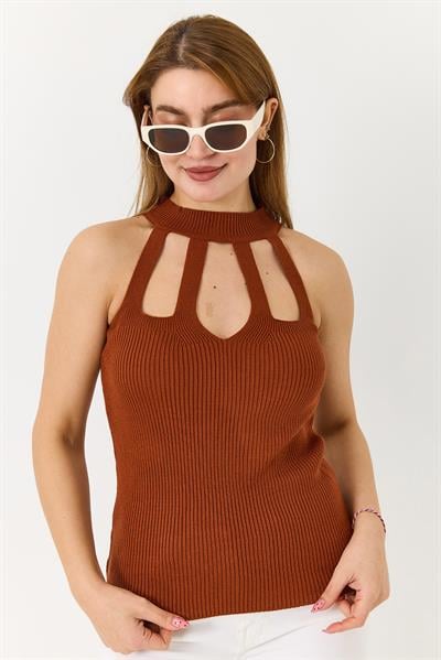 Kadın Esnek Triko Kahverengi Modern Kesim Detaylı Bluz 
