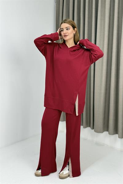 Kadın Paça Detaylı Kapüşonlu Oversize Eşofman Takım Kırmızı
