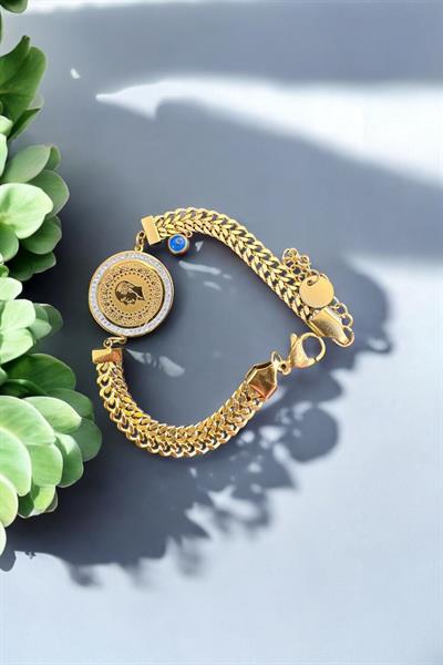 Mavi boncuklu tuğralı taşlı çelik bileklik Gold