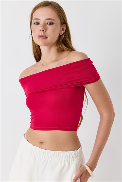 Kadın Madonna Yaka Penye Crop Bluz