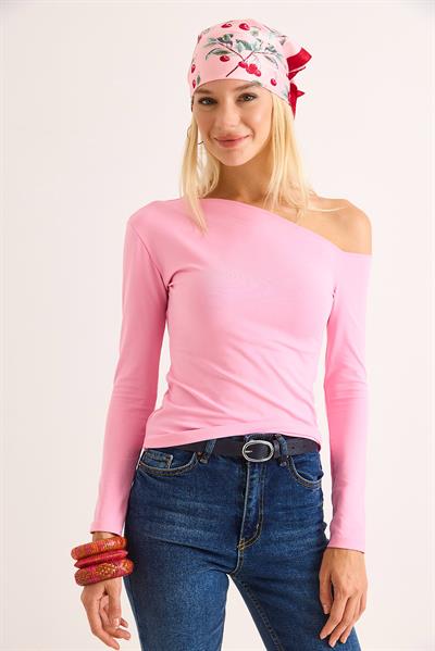 Kadın Asimetrik Yaka Şık Bluz Pembe