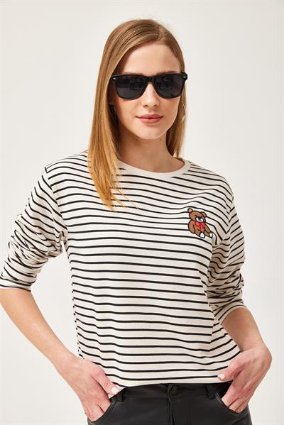 Bisiklet Yaka Çizgili Uzun Kollu Sweatshirt Siyah